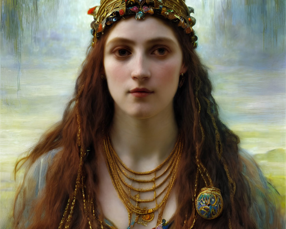 Regal red-haired woman with golden crown and jewelry in forest scene