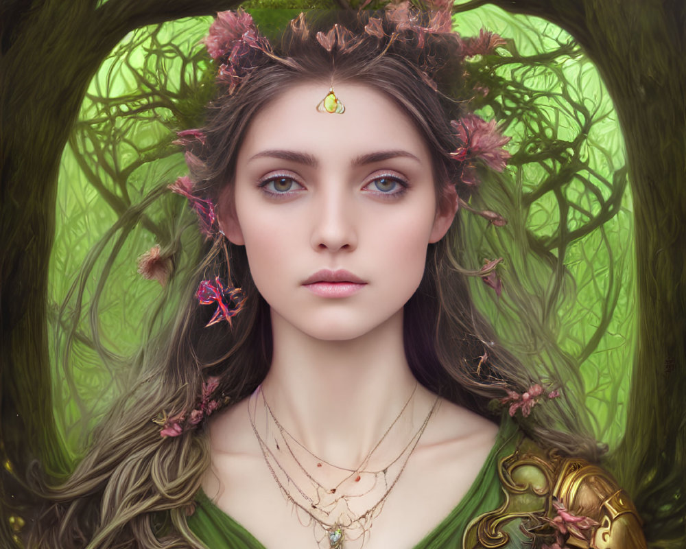 Mystical woman in floral crown and ornate armor with green dress and golden pendant