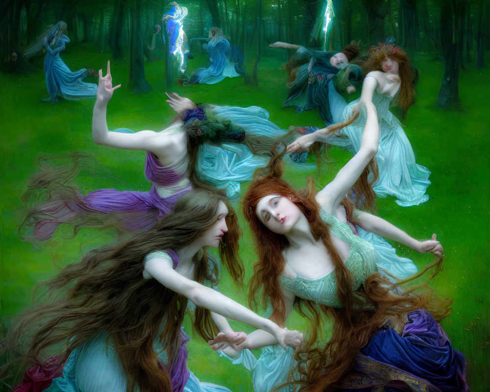 Ethereal women dancing in mystical green forest