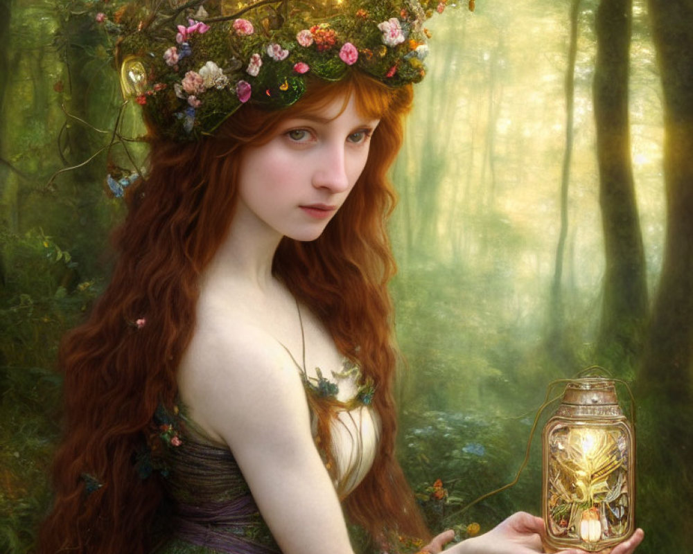 Woman with floral crown and lantern in enchanted forest with glowing butterfly