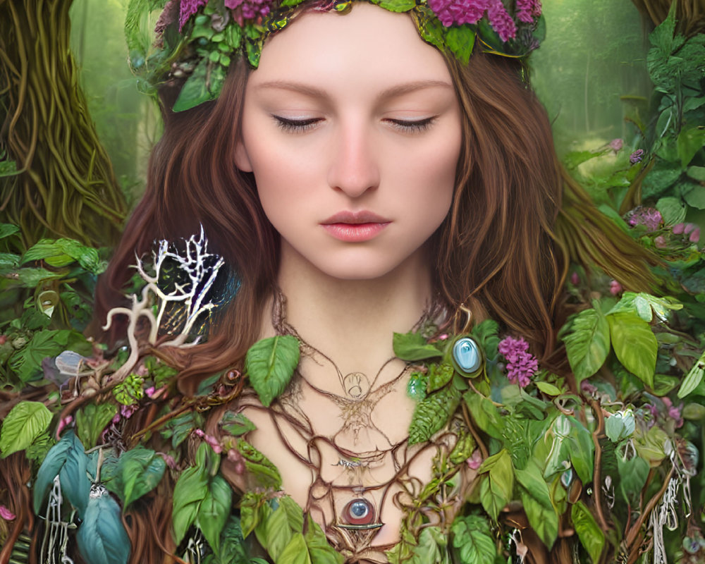 Woman with floral crown in lush greenery exudes mystical forest vibe