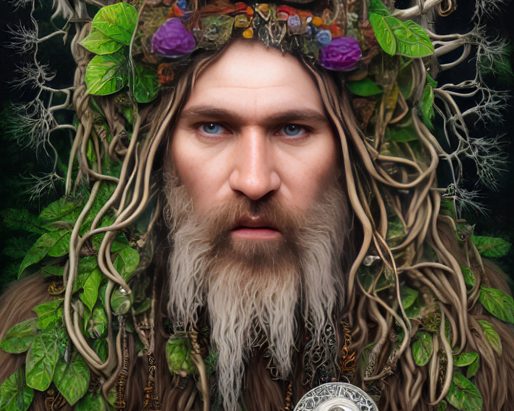 Forest Spirit with Crown of Branches, Leaves, and Crystals