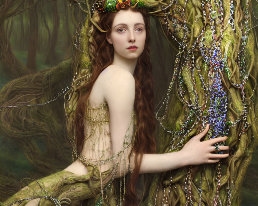 Woman in leafy crown with tree, chains, and blossoms in mystical forest