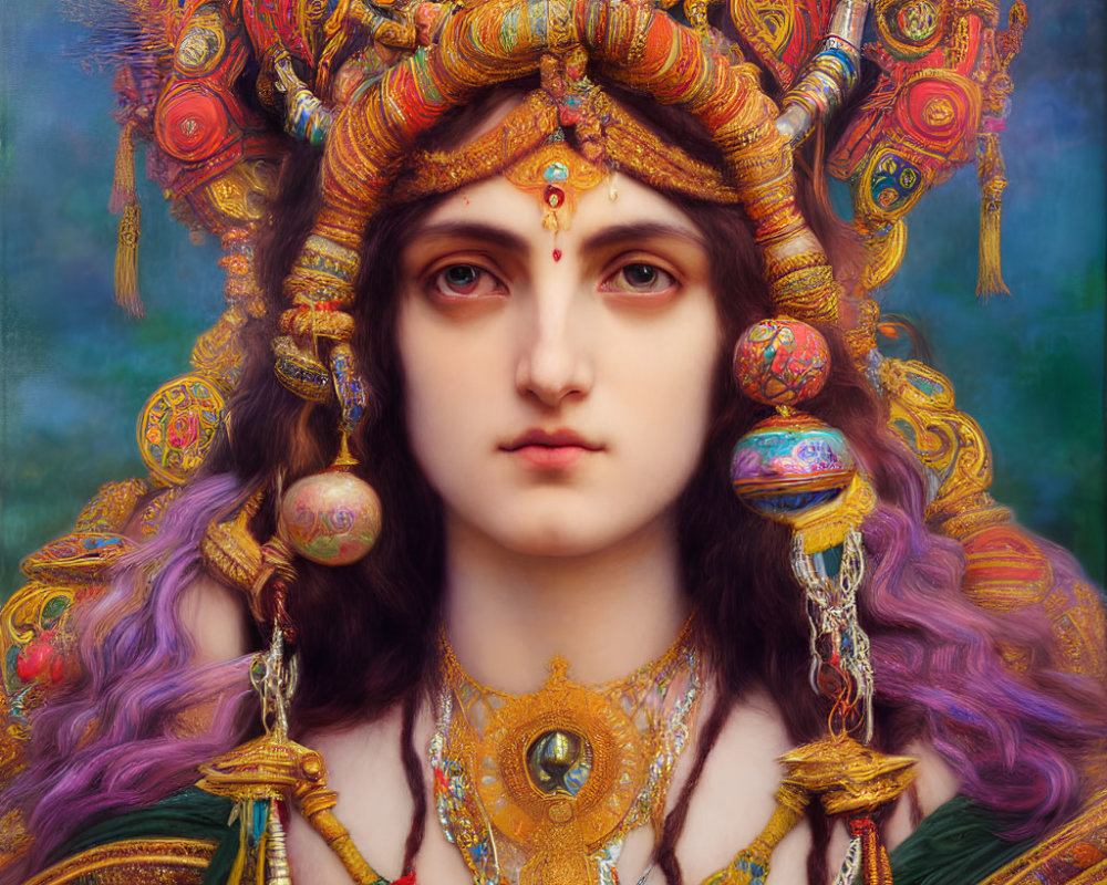 Regal headdress adorned figure in mystical aura against vibrant backdrop