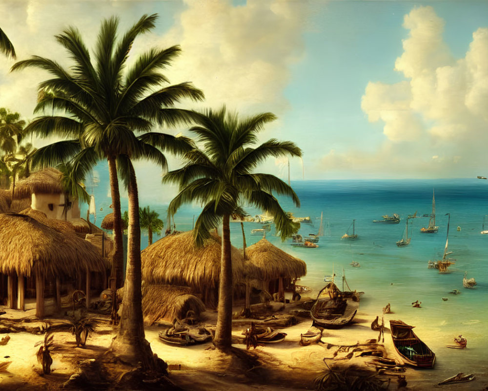 Tropical beach with thatched huts, palm trees, boats, calm sea, and cloudy sky