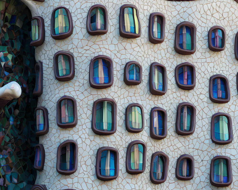 Mosaic-adorned facade of Casa Batlló with irregular windows and bone-like structure