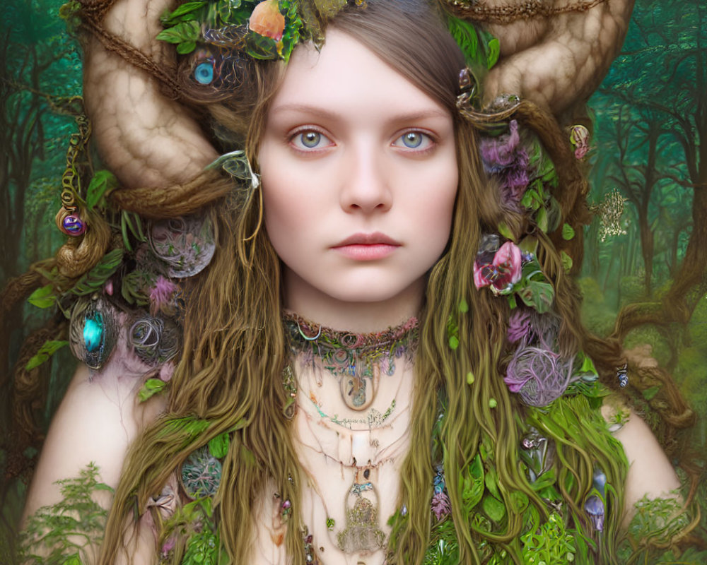 Horned forest creature adorned with flowers and jewels in mystical setting