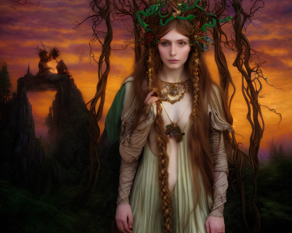 Fantasy Woman in Decorative Outfit Amid Mythical Landscape