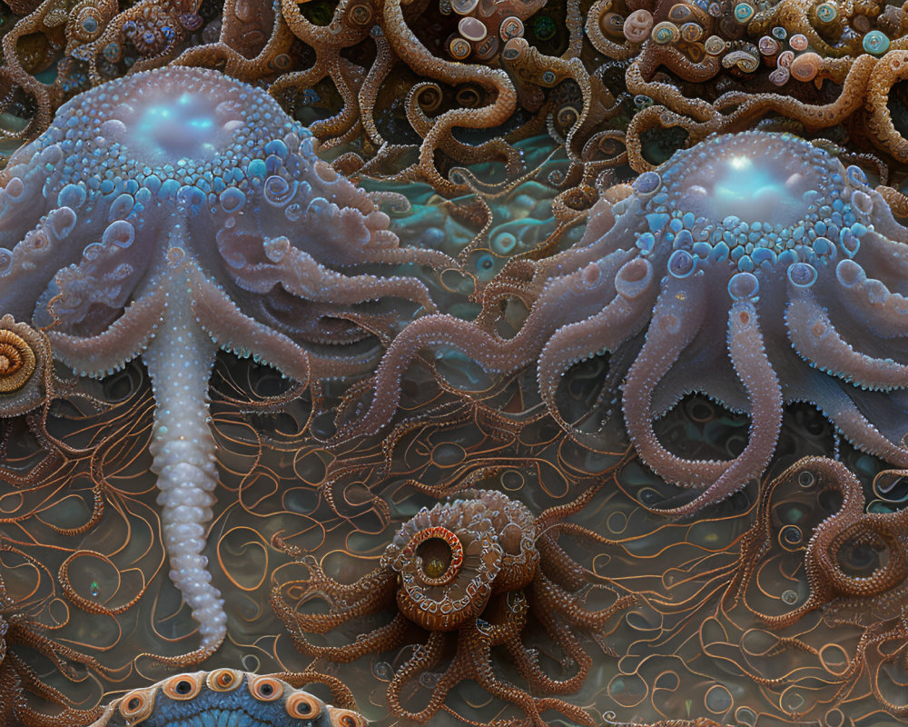 Detailed Octopus-Like Creatures with Glowing Eyes on Coral Reef Background