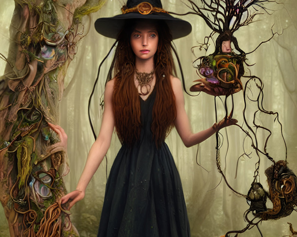 Person in Witch Costume Conjuring in Mystical Forest