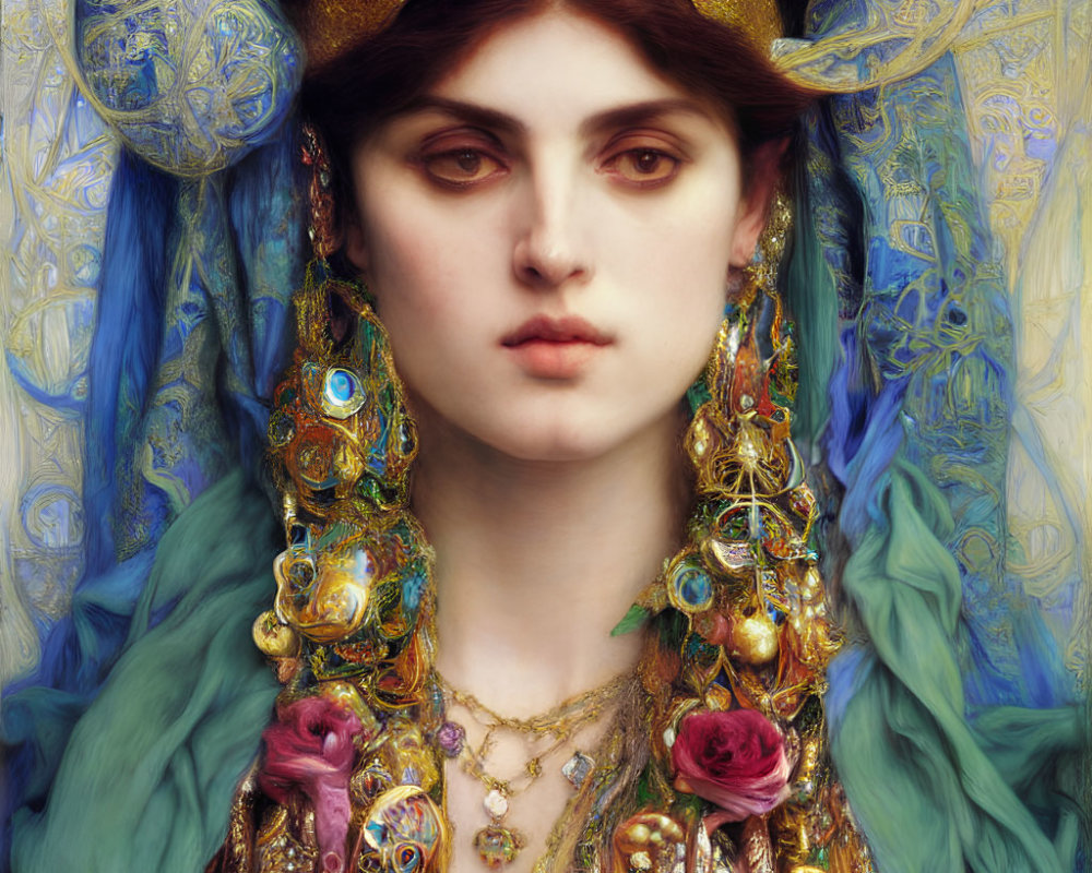 Regal woman with golden crown and ornate cloak