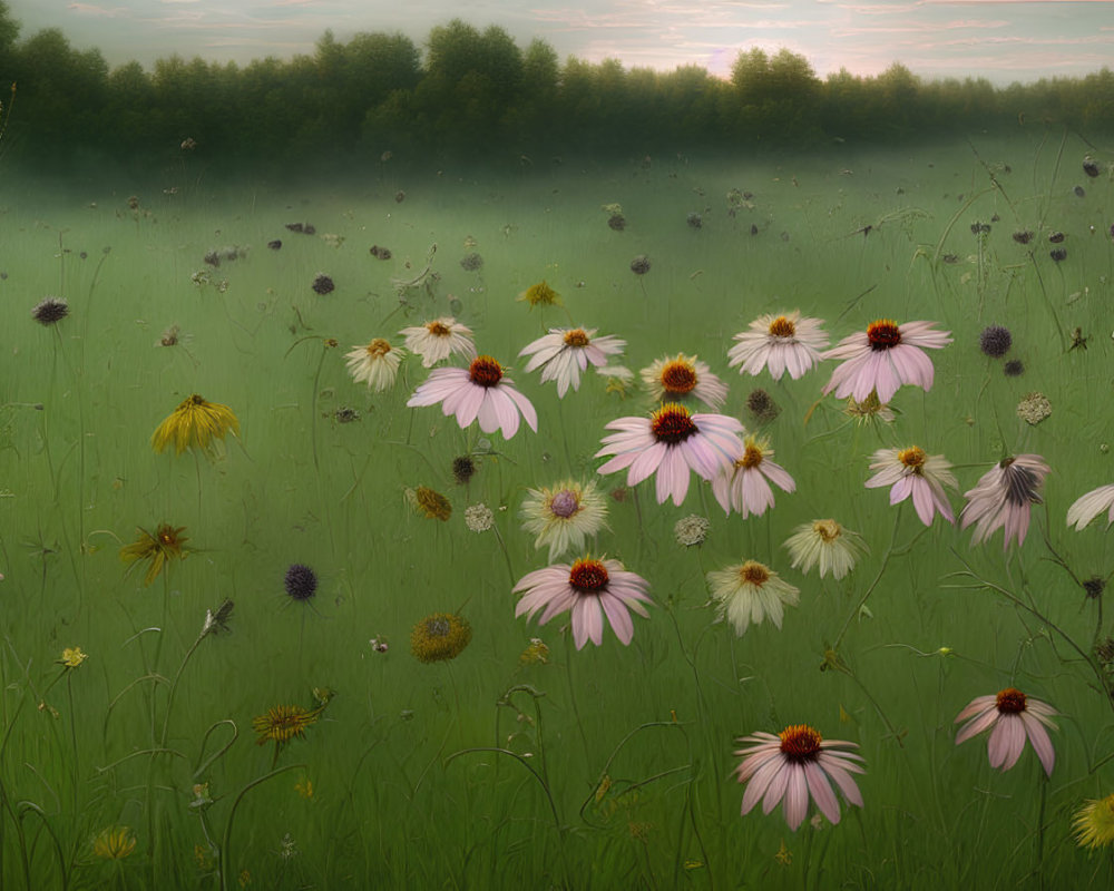 Sunrise Misty Meadow with Pink Coneflowers and Yellow Blooms