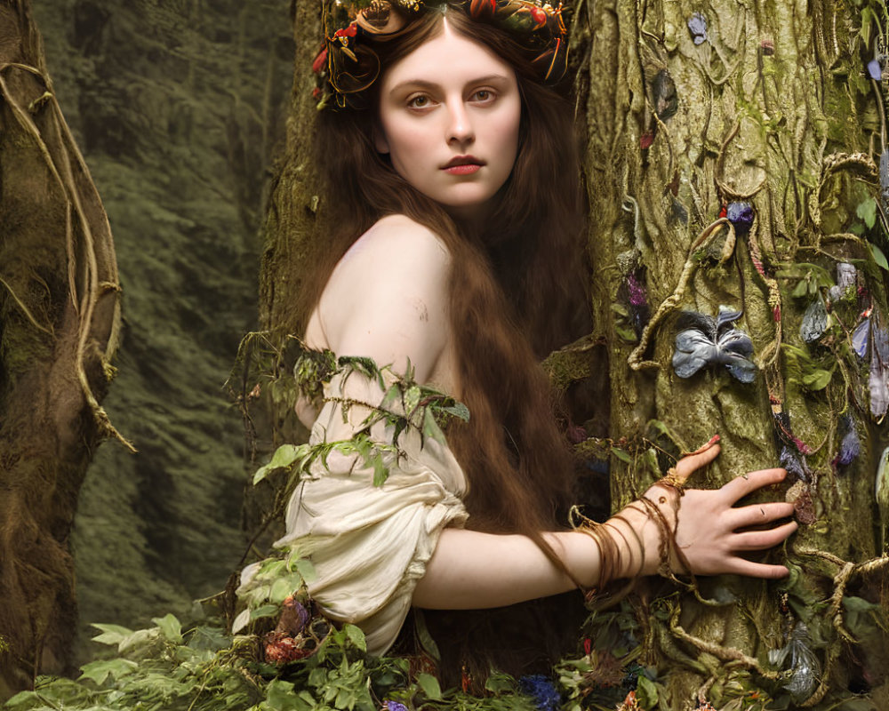 Woman in floral crown draped in ethereal attire in mystical forest setting