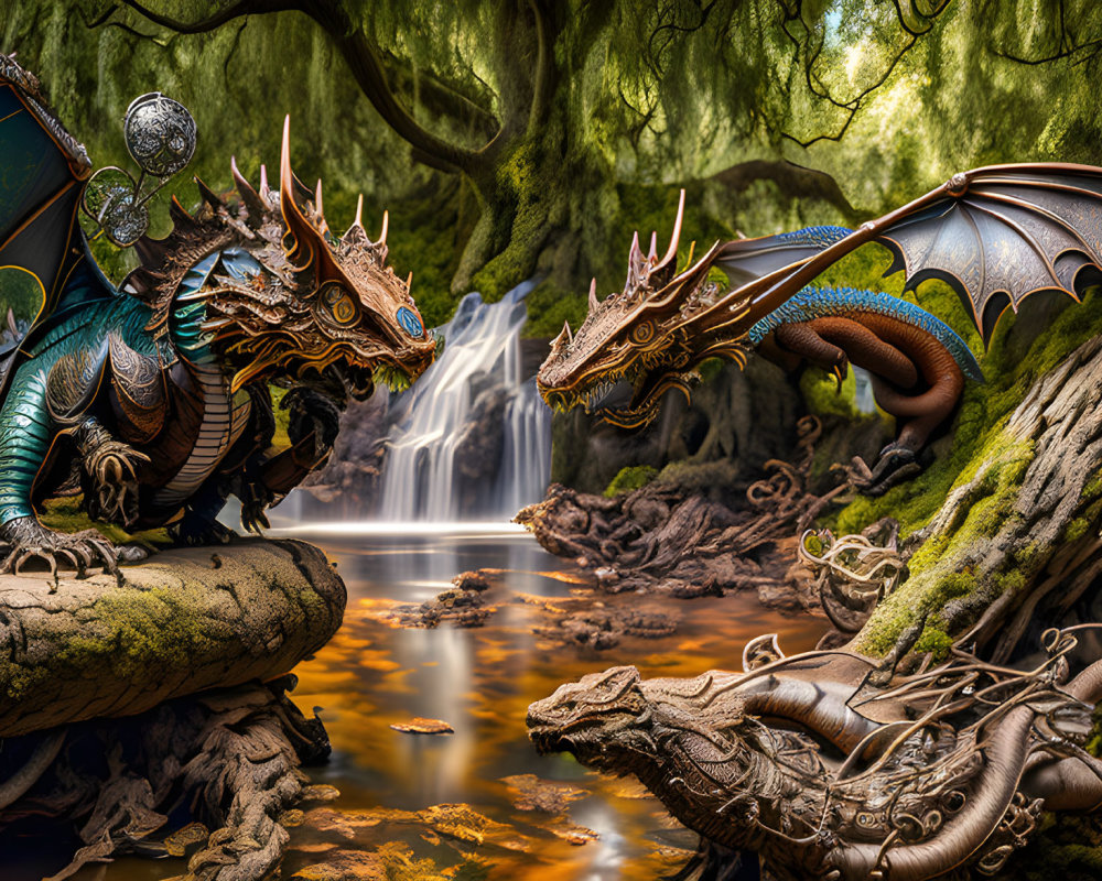 Majestic dragons by lush forest waterfall