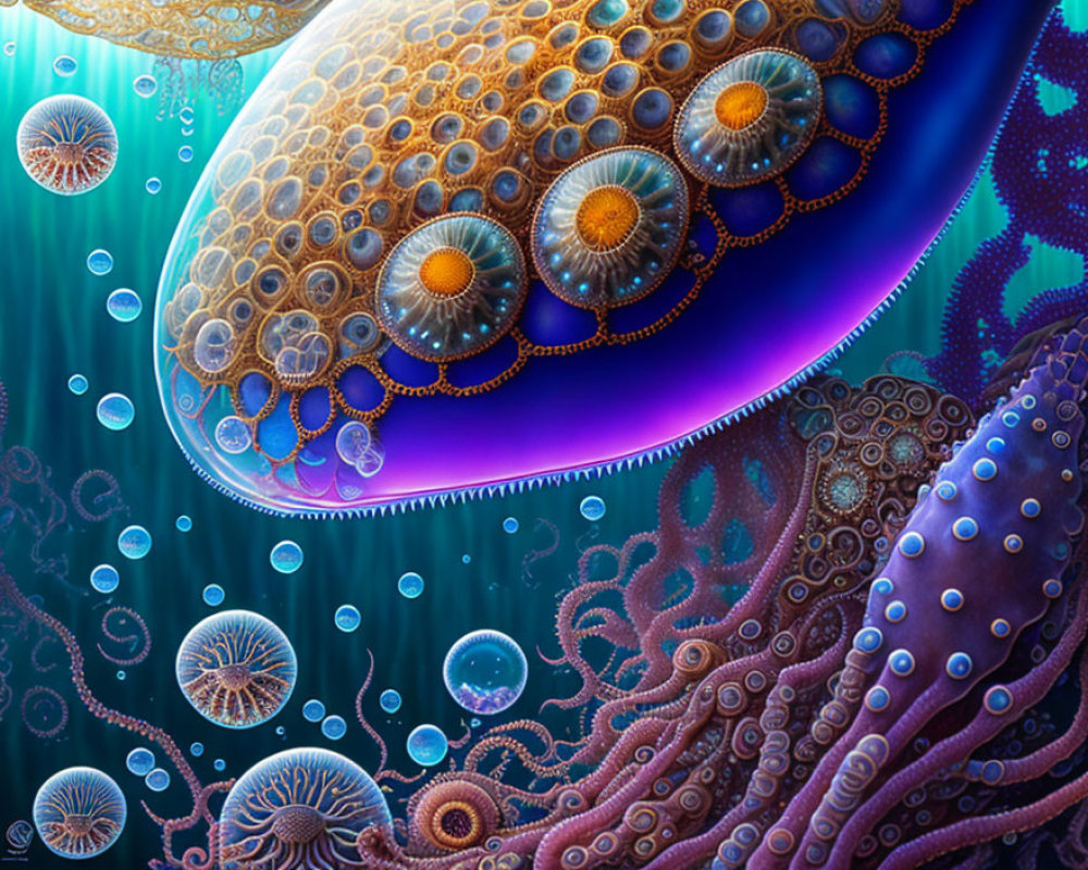 Colorful Underwater Scene with Ornate Jellyfish & Bubbles