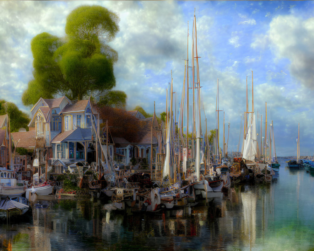 Tranquil waterfront harbor with sailboats and charming buildings under dramatic sky