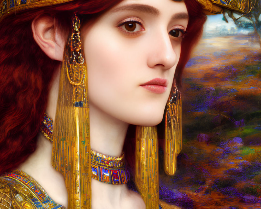 Portrait of Woman with Red Hair and Golden Jewelry Against Colorful Background