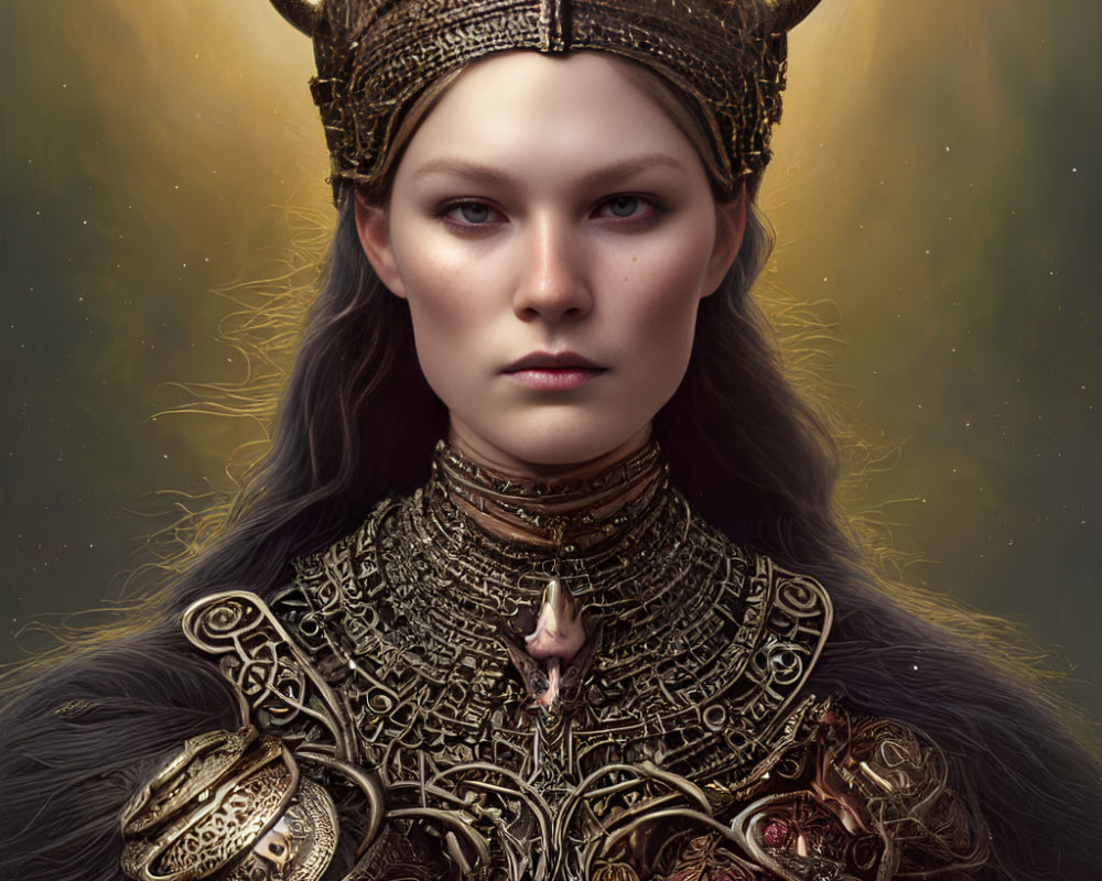 Regal woman in golden armor and crown on soft backdrop