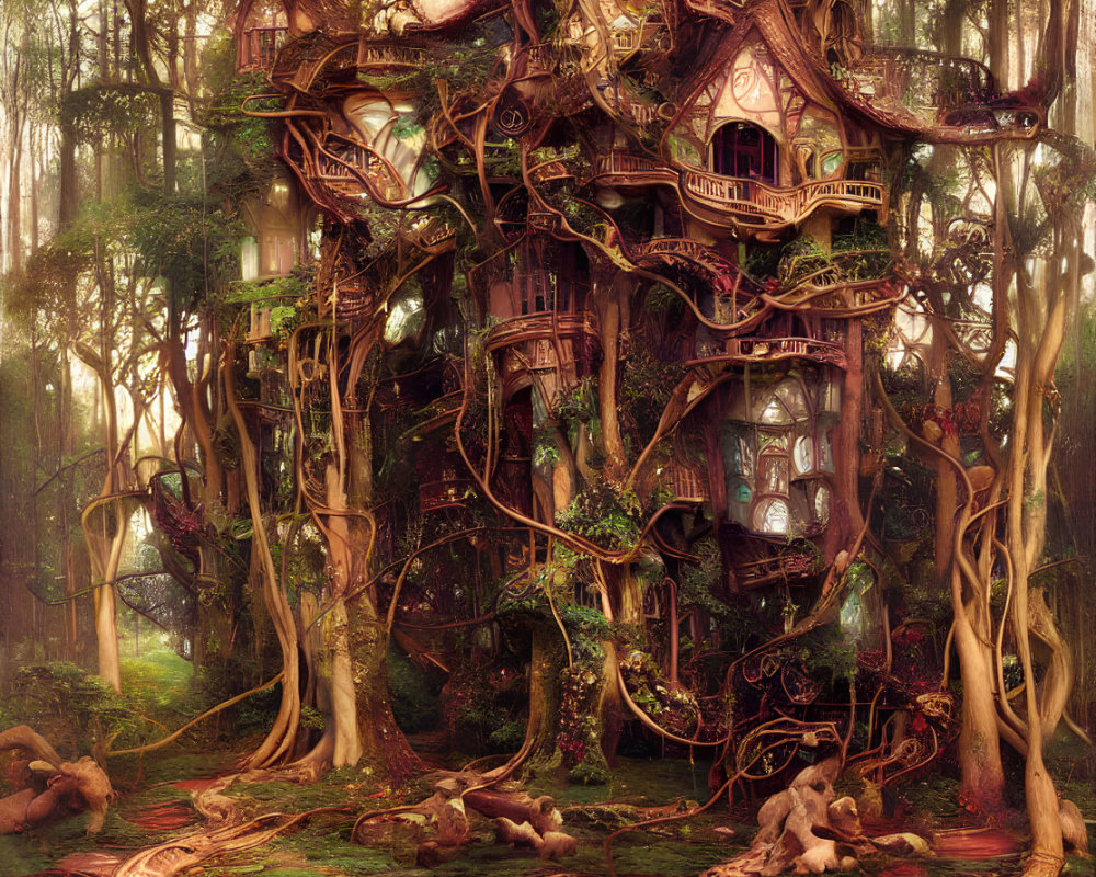 Enchanting fairy-tale treehouse in mystical forest