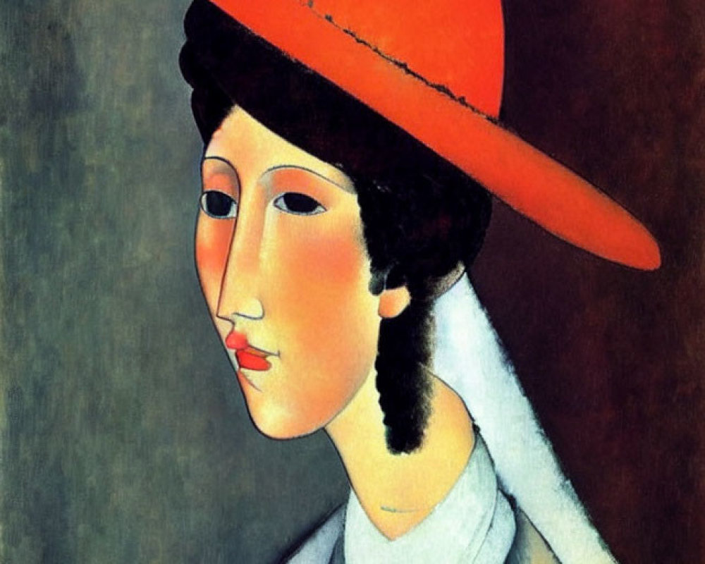 Stylized painting of woman in orange hat and white garment