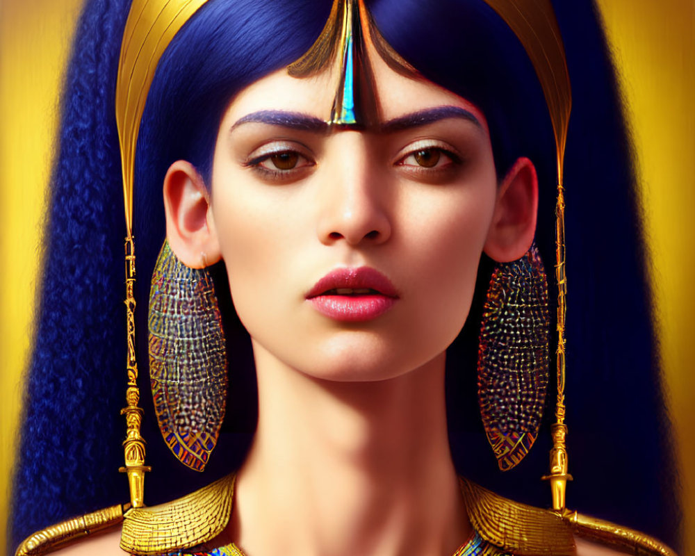 Digital portrait of a woman styled as ancient Egyptian with golden headdress and vibrant blue and gold jewelry.