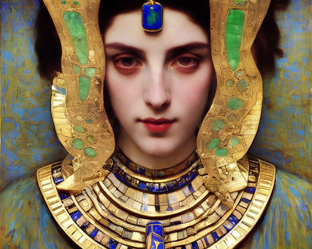 Portrait of a woman styled as Egyptian pharaoh with headdress and jewelry