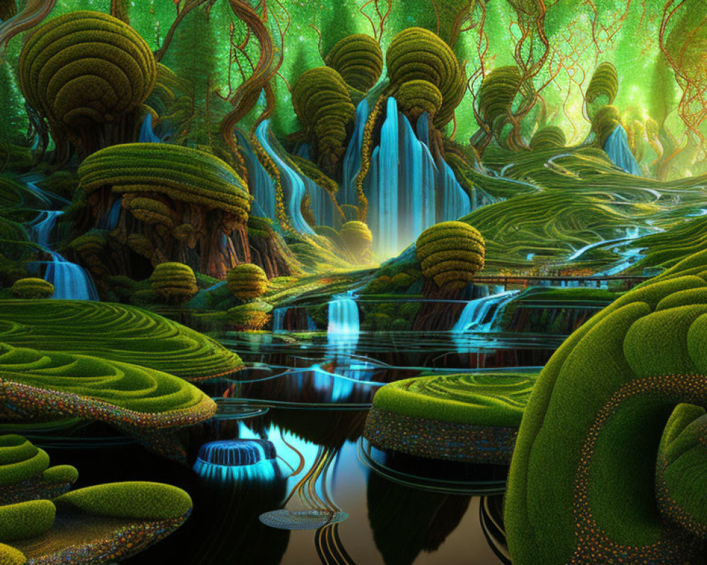 Vibrant fantasy landscape with moss-covered trees and waterfalls