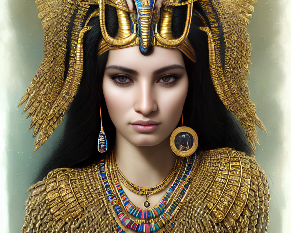 Digital portrait: Woman as ancient Egyptian pharaoh with golden headdress and jewelry