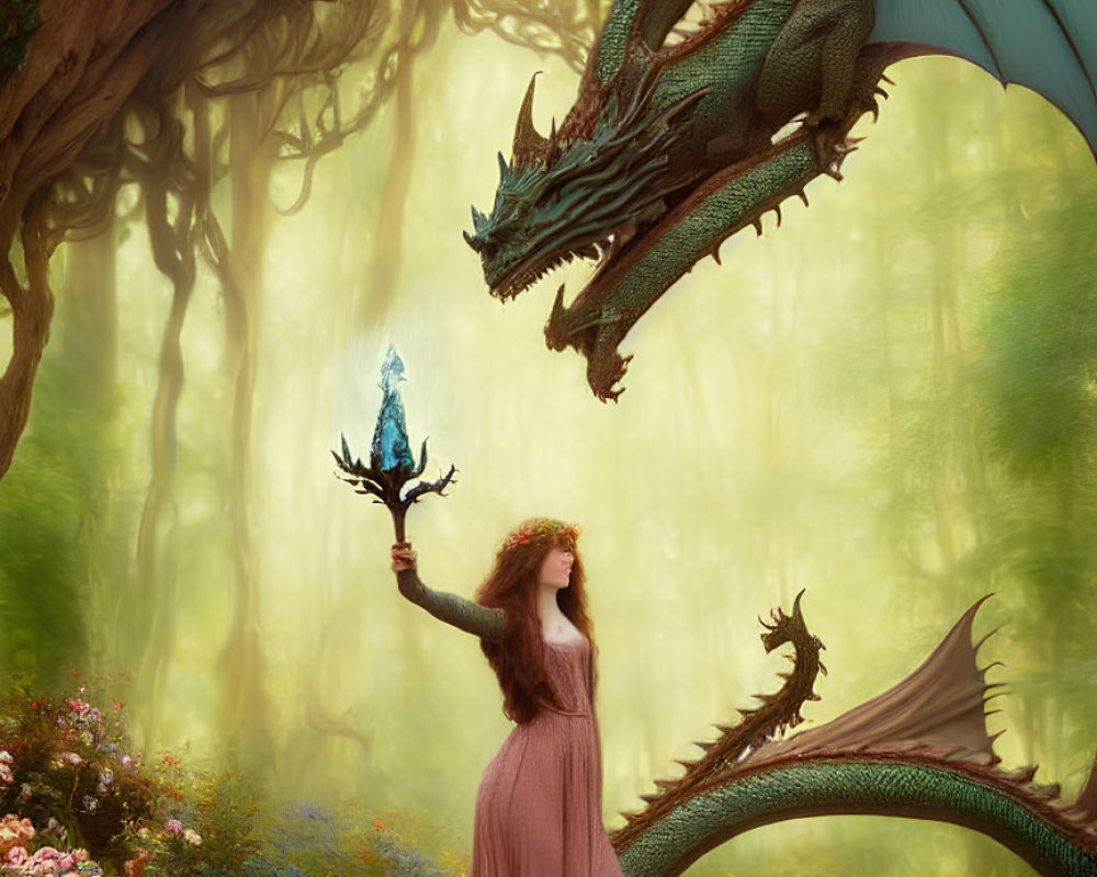 Woman with glowing crystal staff confronts green dragon in mystical forest