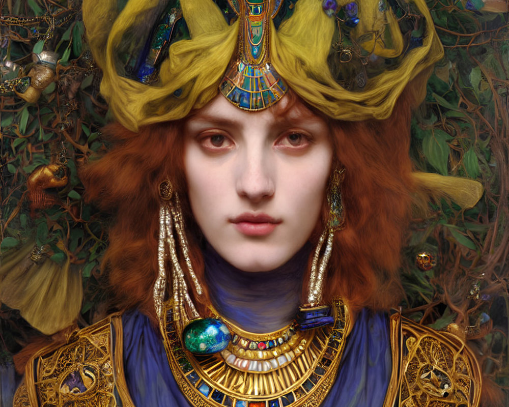 Detailed Illustration: Woman with Vibrant Red Hair in Egyptian-Inspired Jewelry