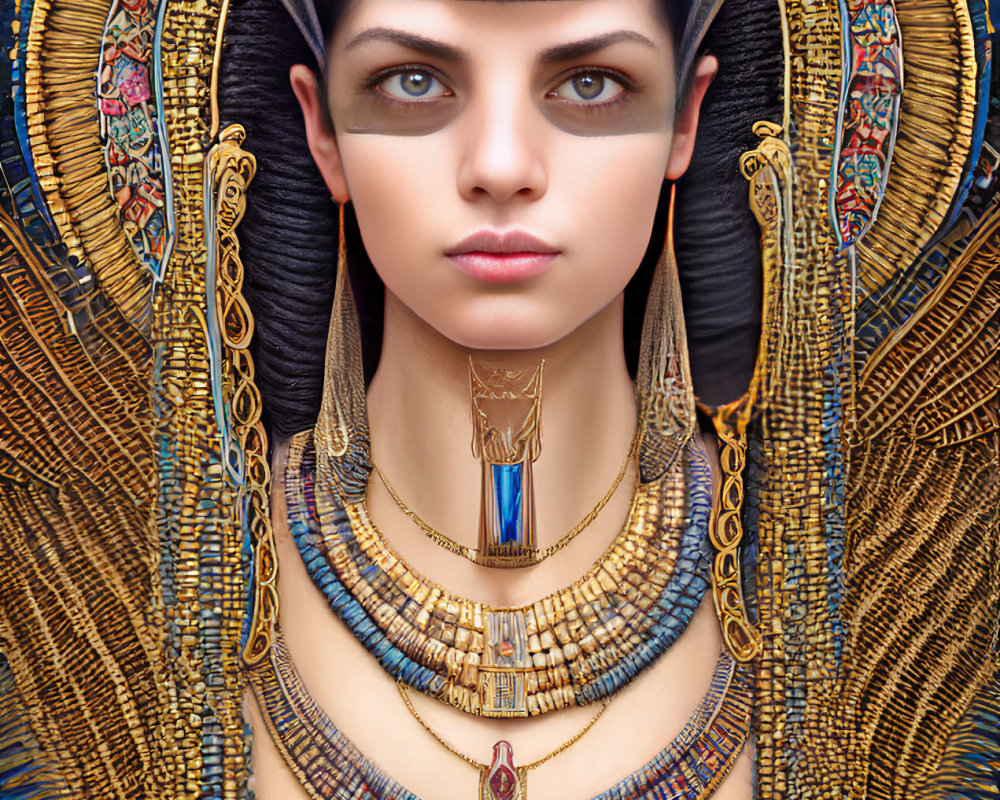 Detailed portrayal of woman in ancient Egyptian royal attire with headdress and jewelry