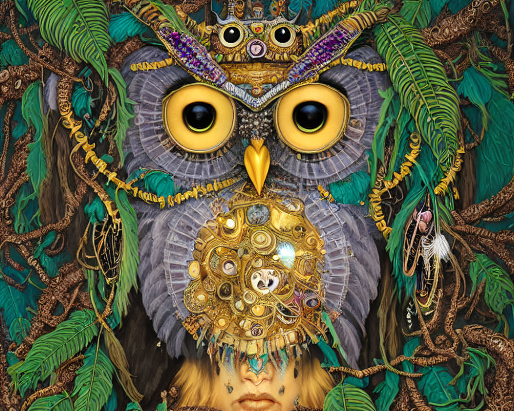 Intricate owl artwork with hidden human face in green foliage