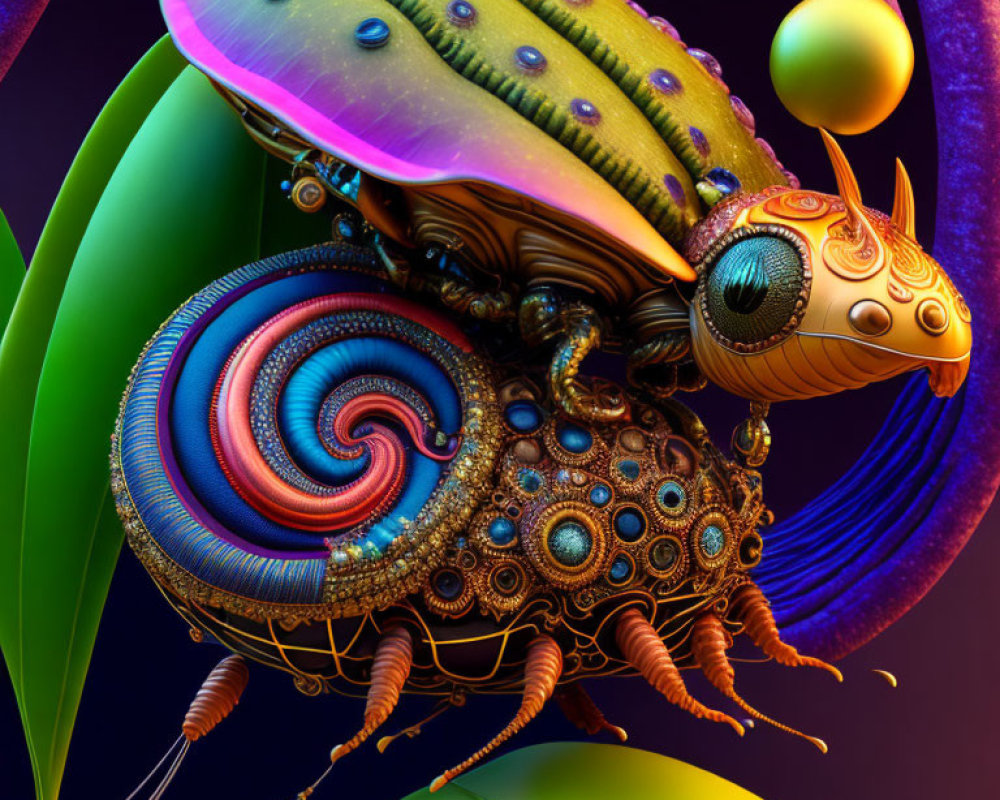 Vibrant surreal insect art with intricate patterns & swirling designs