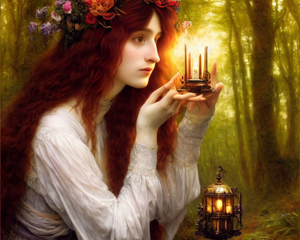 Red-haired woman in floral crown holds glowing ship in enchanted forest