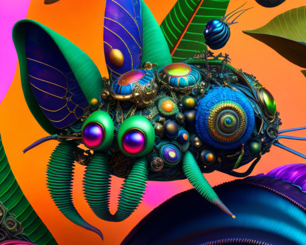 Colorful surreal insect-like creature on orange background