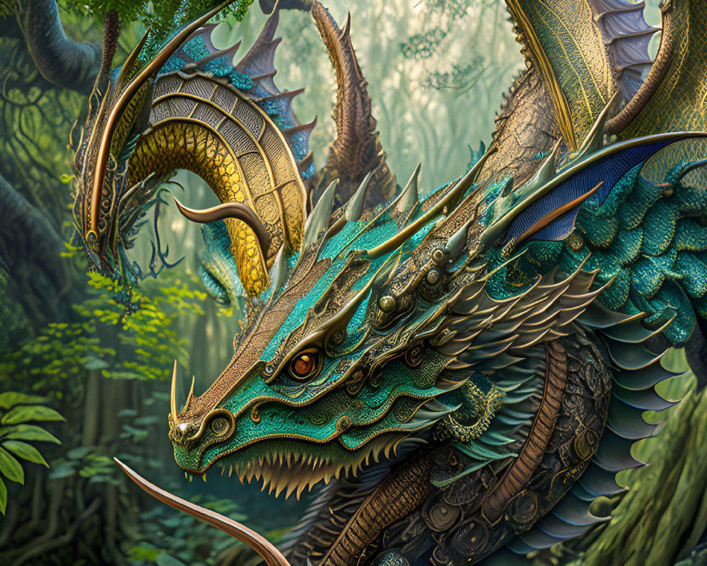 Detailed illustration: Blue and gold dragon in mystical forest