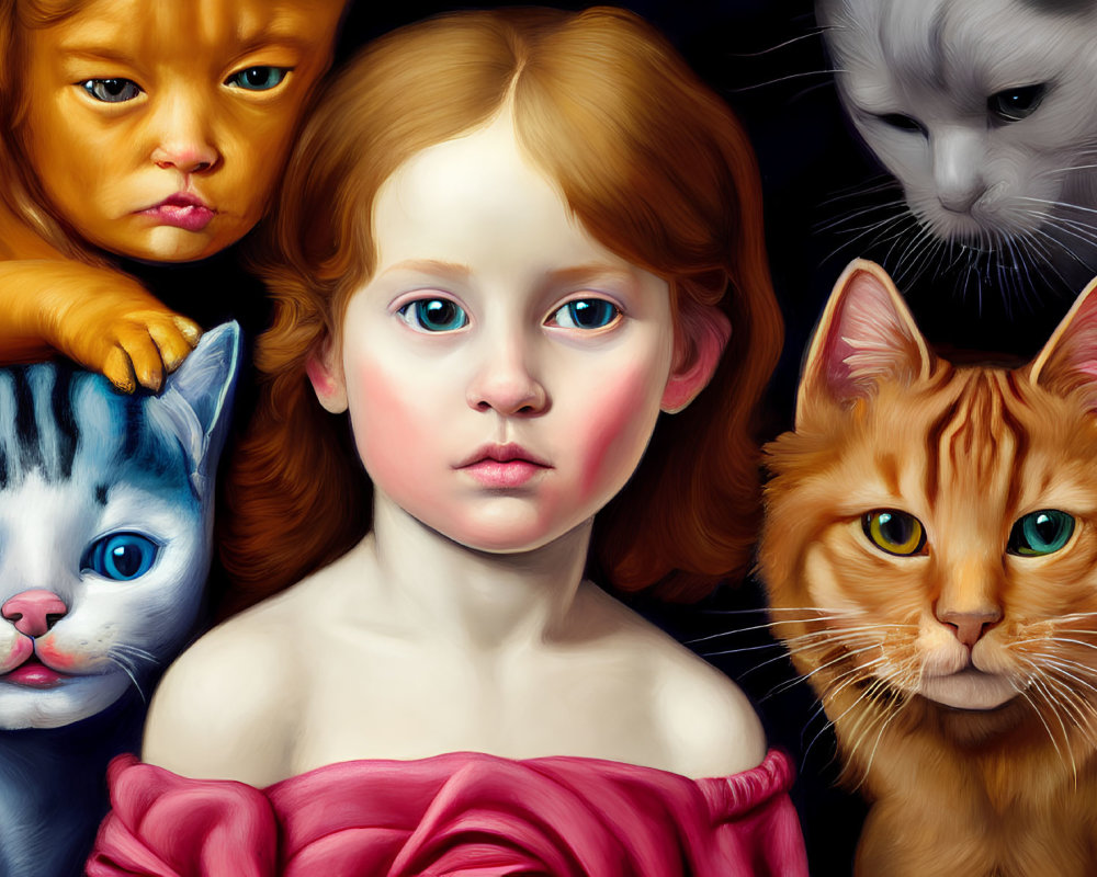 Artwork featuring girl with big blue eyes and four cats with intense eyes on dark background