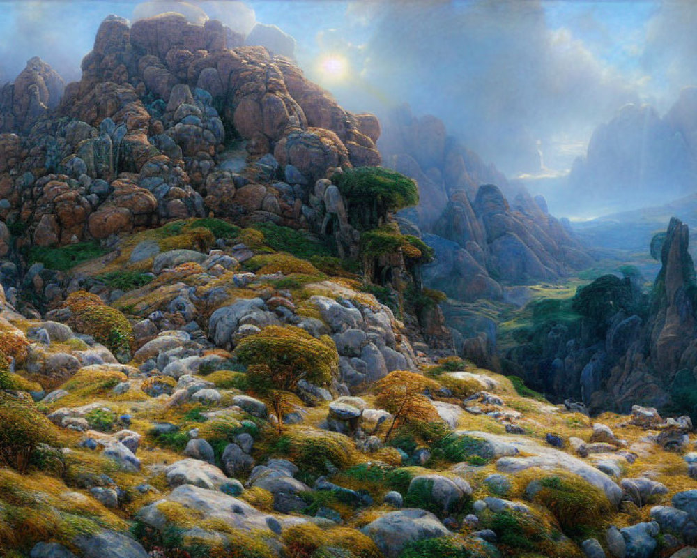 Serene sunset over rocky terrain with lush greenery