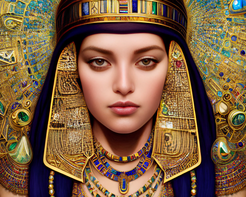 Ancient Egyptian Pharaoh Woman Artwork with Intricate Golden Jewelry