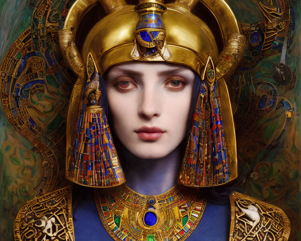 Digital artwork: Person in ornate golden headdress and armor with Egyptian-style motifs