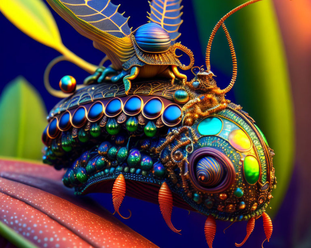 Digital steampunk-style insect with intricate metalwork and jewel-like details on a leaf