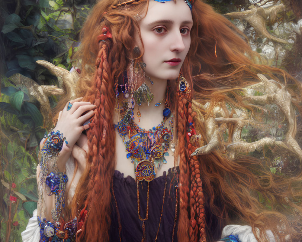 Elaborate Red Braided Hair Woman in Bohemian Outfit