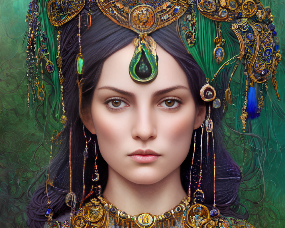 Portrait of Woman with Golden Headdress and Green Gem on Forehead