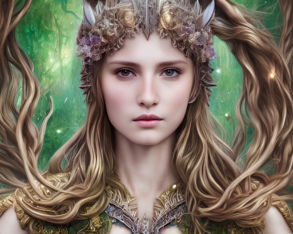 Fantastical female figure in ornate crown and golden armor with mystical green aura and forest backdrop.