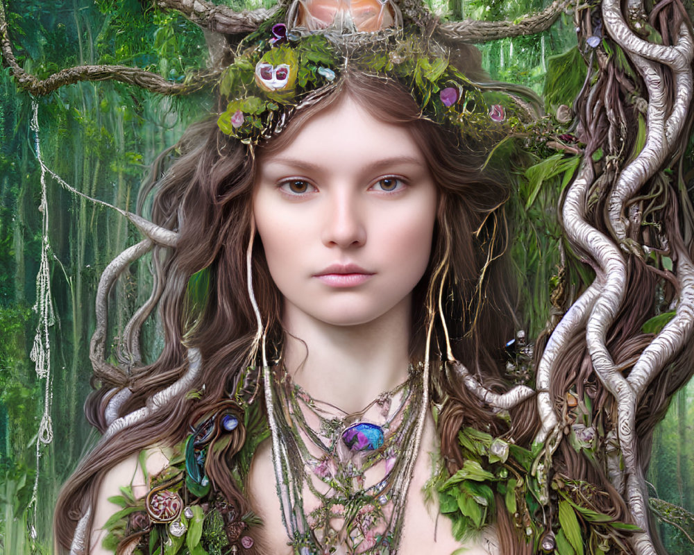 Digital portrait of a woman with mystical forest headdress - enchanting and magical.