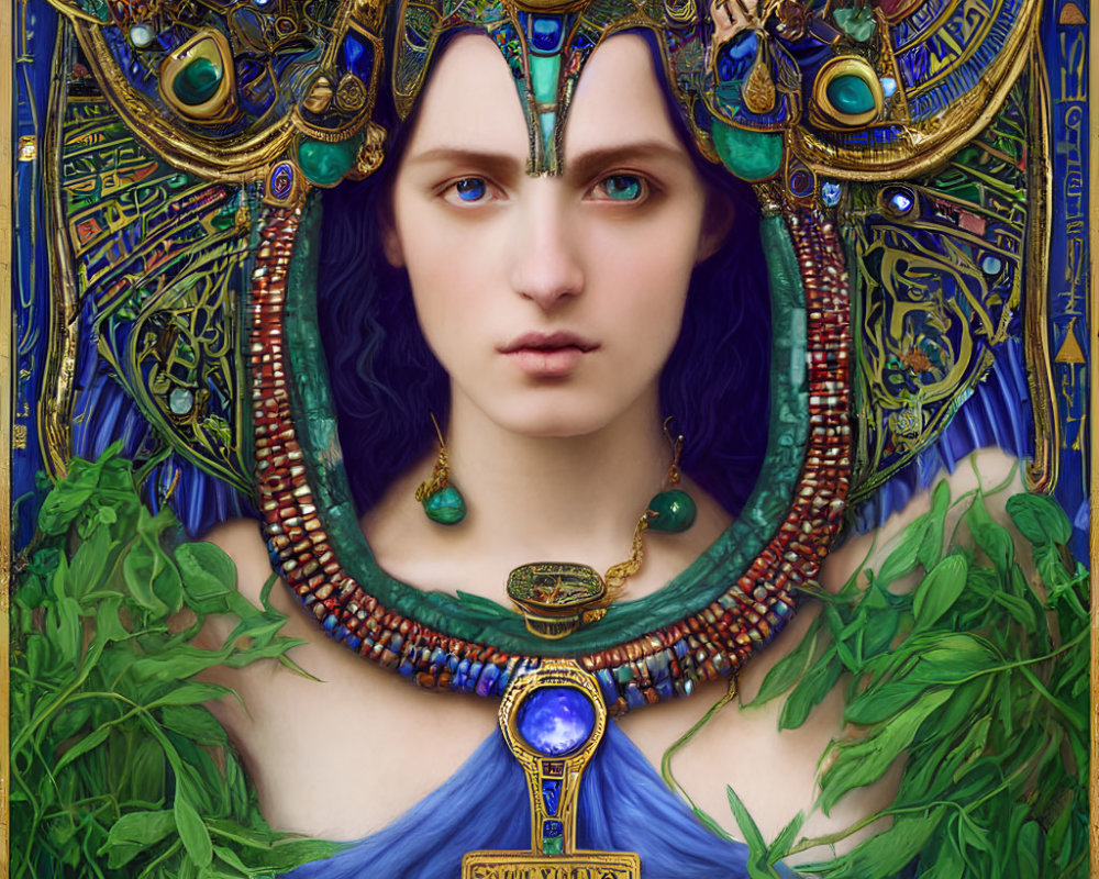 Illustration of woman with blue hair and Egyptian-style accessories