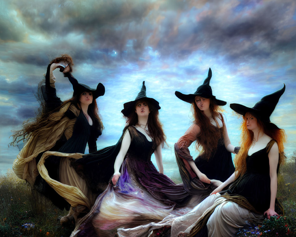 Four Women in Witch Costumes Dancing in Field Under Cloudy Sky