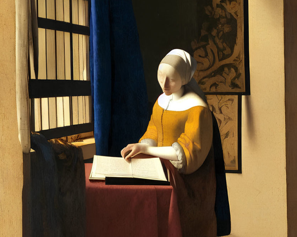 Serene painting of woman in yellow and white attire reading by window