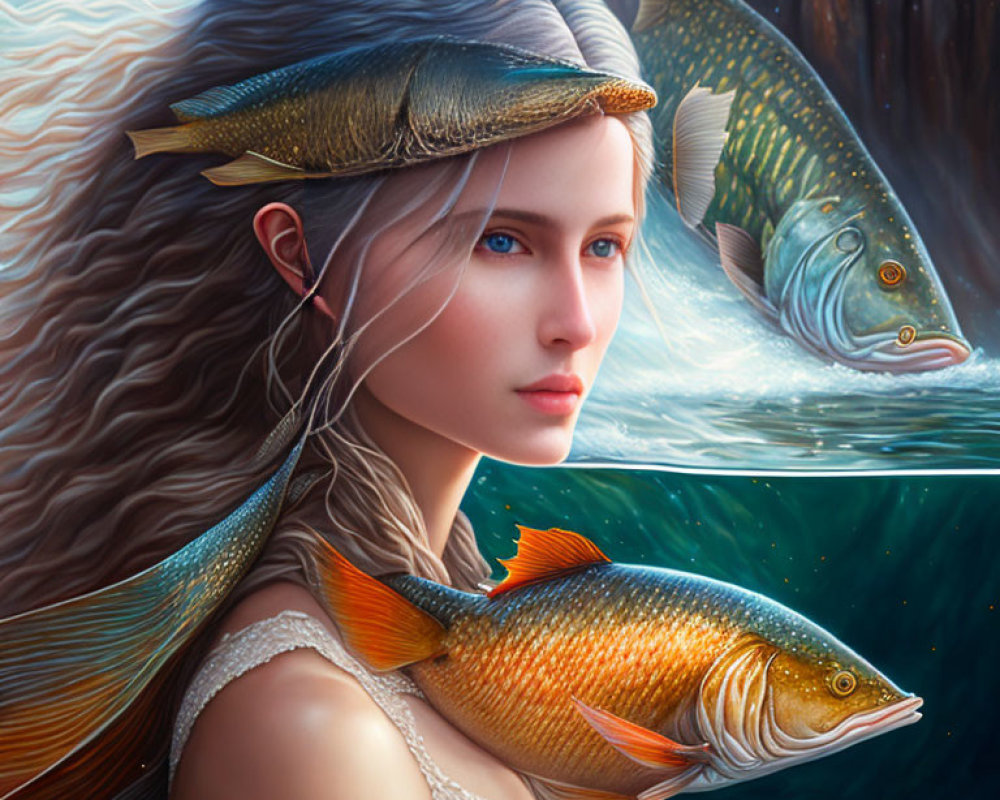 Colorful fantasy illustration: Woman with fish swimming around her head