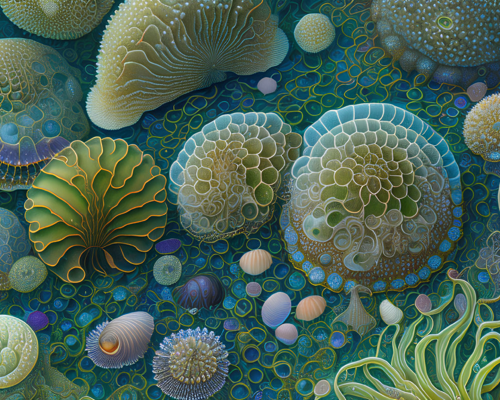 Detailed Illustration of Colorful Corals, Sea Anemones, and Shells in Marine Environment